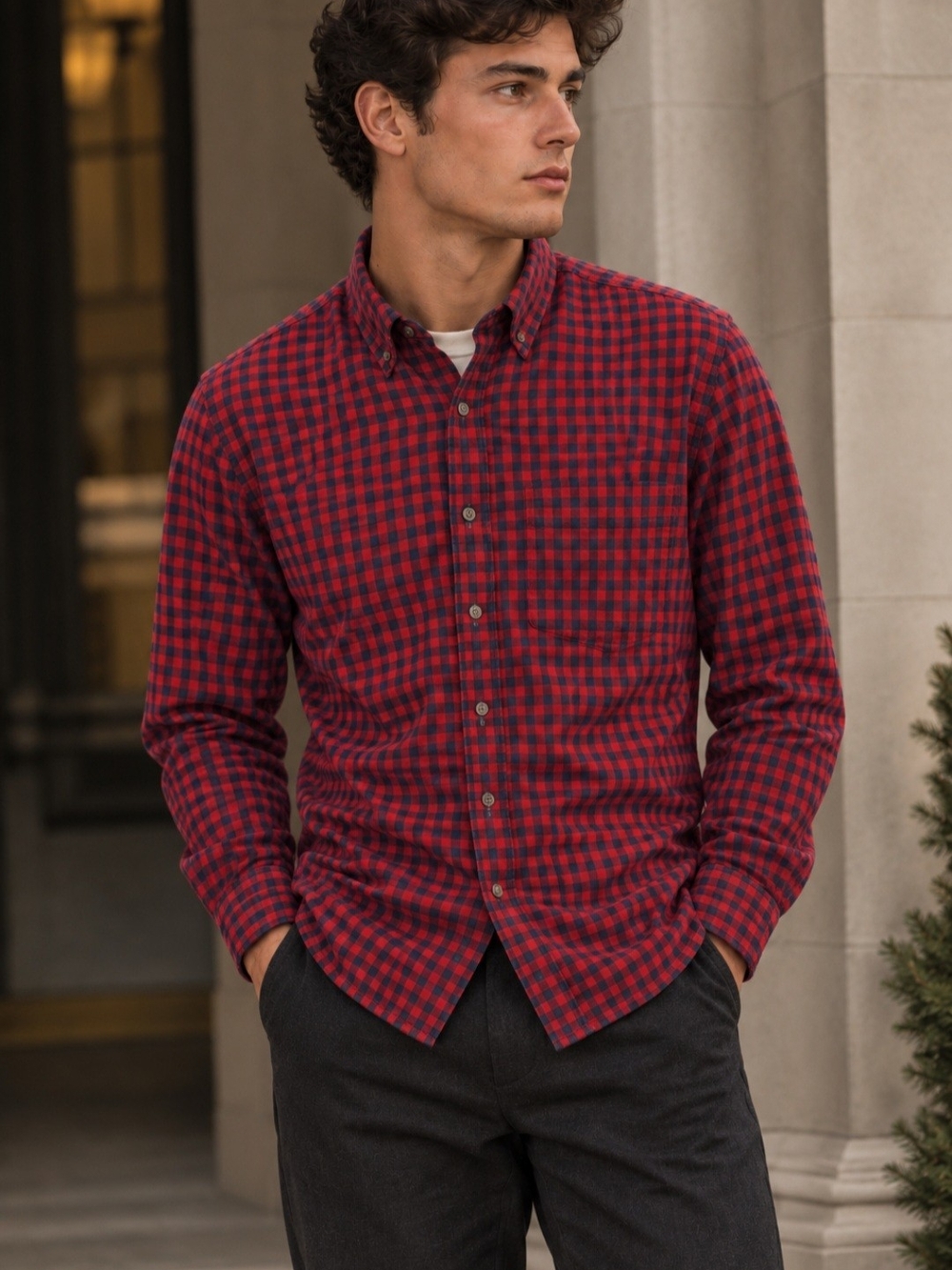 George Men's Large Plaid Shirt Burgundy Navy Blue Long Sleeve Classic Fit 42-44